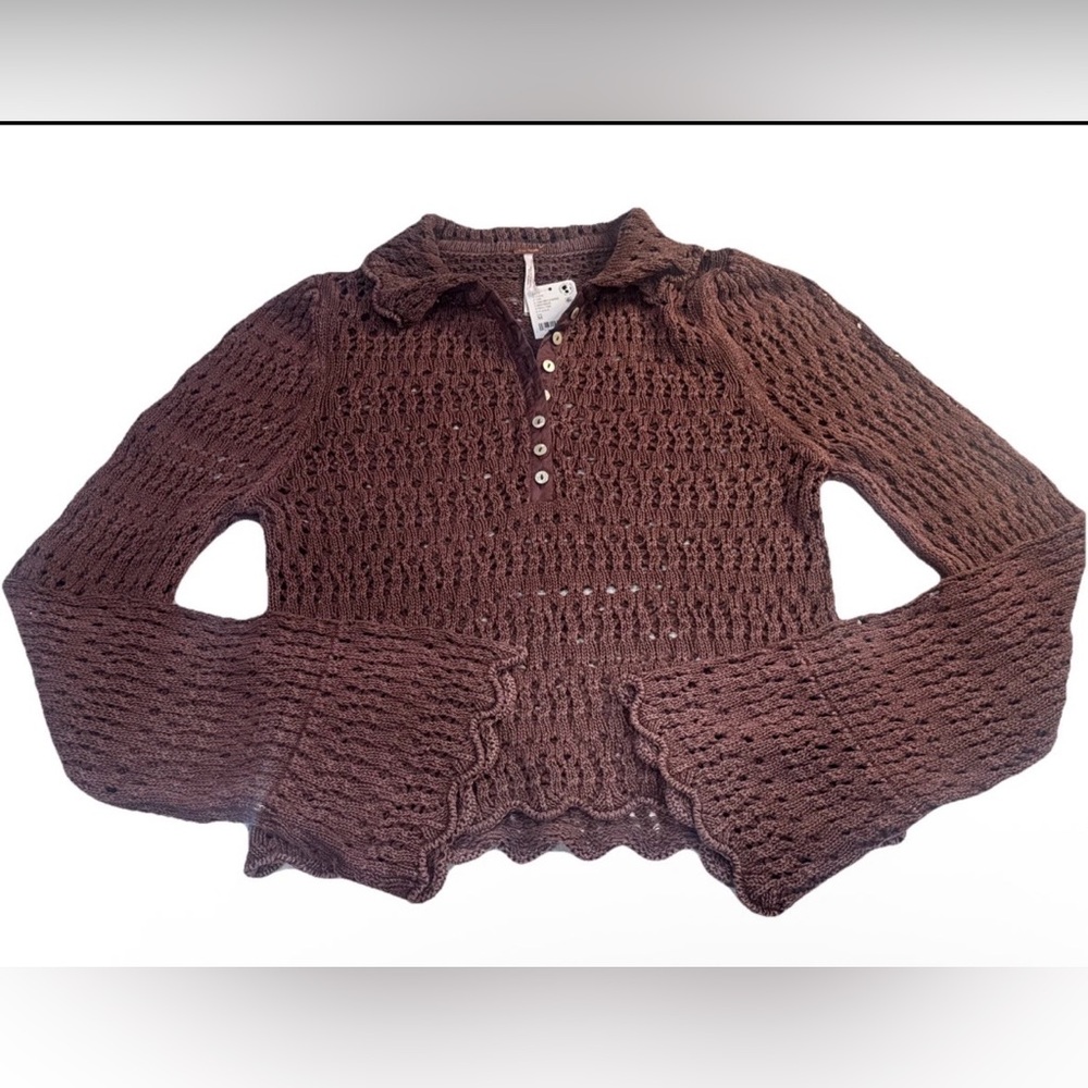 NWT Free People Pointelle Henley Long Sleeve Flare Crotchet Knitted Top